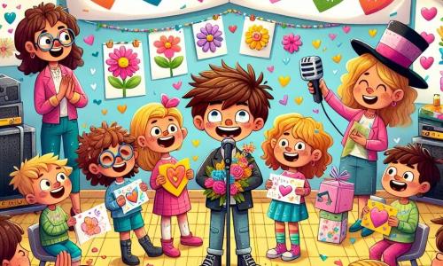 Illustrazione che rappresenta un'aula trasformata in una festa colorata per la festa della mamma. Le pareti sono decorate con festoni di carta multicolore e un grande striscione con disegni di cuori e fiori è appeso sopra un palco improvvisato. Al centro, un ragazzo di circa 10 anni, con i capelli castani disordinati e un sorriso splendente, tiene un microfono e guarda con entusiasmo il pubblico. Alla sua destra, una ragazza di circa 9 anni, con i capelli ricci e occhiali, applaude gioiosamente, circondata da biglietti d'auguri colorati che ha creato. Alla sua sinistra, un ragazzo di circa 10 anni, con un cappello da mago troppo grande, si prepara a fare un trucco di magia, mentre una ragazza di circa 8 anni, con una tavolozza di colori in mano, ammira il suo grande striscione. La scena è piena di mamme sorprese ed emozionate, con sorrisi radiosi, alcune tengono biglietti fatti a mano, altre applaudono con orgoglio. Su un tavolo sul retro, una grande e deliziosa torta decorata con fiori di zucchero aspetta di essere tagliata, aggiungendo un tocco festivo a questa giornata speciale.