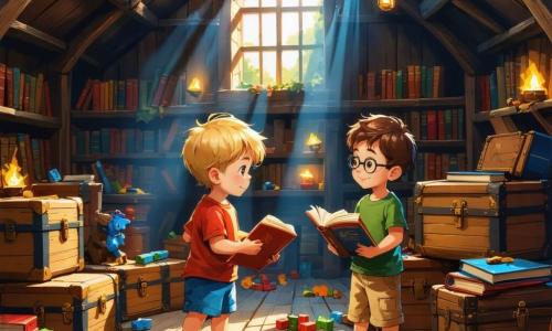 Illustratie van een grote, stoffige zolder vol oude kisten, kleurrijke speelgoed en oude boeken. De muren zijn van donker hout, en stralen van licht filteren door een klein raam, waardoor de scène in een zachte gouden gloed wordt verlicht. In het midden zitten drie kleine avonturiers: een tweejarige jongen met rommelig blond haar, gekleed in een rode t-shirt en blauwe shorts, die een open boek in zijn handen houdt. Naast hem zit een andere tweejarige jongen met bruin haar en ronde bril, in een groene t-shirt en beige broek, die aandachtig luistert. Tenslotte is er een tweejarig meisje met kastanjebruin haar en twee vlechten, gekleed in een roze jurk met stippen, die enthousiast uitroept terwijl ze wijst naar een oude, glanzende sleutel die ze heeft gevonden. De scène toont de kinderen zittend op de houten vloer, omringd door verspreid speelgoed, met verwonderde glimlachen op hun gezichten. Op de achtergrond onthult een grote open kist verborgen schatten, en spinnenwebben in de hoeken voegen een vleugje avontuur toe. Kleurige boeken zijn om hen heen gestapeld, en er hangt een sfeer van ontdekking en opwinding in de lucht.