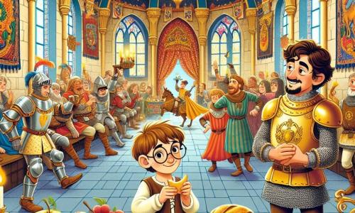 Illustratie van een levendige scène binnenin een groot middeleeuws kasteel. De muren zijn versierd met kleurrijke wandtapijten en glanzende schilden, terwijl een grote tafel vol lekkernijen staat, zoals sappig fruit en gouden broden. In het midden kijkt een 7-jarig jongetje met messy bruin haar en ronde bril vol verwondering naar het gelach en de dans van de gasten. Hij draagt een eenvoudige tuniek en korte broeken, en houdt een stuk brood in zijn hand, klaar om van de lekkernijen te proeven. Naast hem staat een man van ongeveer dertig jaar in glanzende harnassen, die het jongetje met een welwillende glimlach observeert terwijl hij een beker wijn vasthoudt. Op de achtergrond dansen andere gasten in middeleeuwse kostuums vrolijk, terwijl een imaginair draak door een raam te zien is, wat een vleugje magie aan de scène toevoegt. De sfeer is feestelijk en vol leven, en vangt de geest van avontuur en ontdekking.