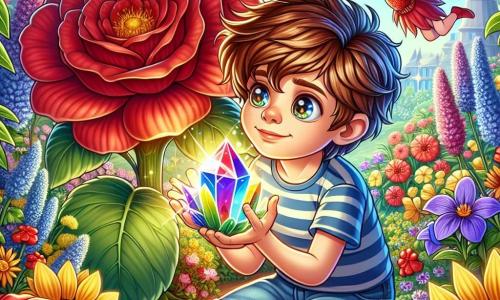 Eine Illustration zeigt einen magischen Garten, gefüllt mit riesigen, leuchtend bunten Blumen: roten Rosen, gelben Sonnenblumen und blauen Veilchen, die sanft in einer leichten Brise tanzen. In der Mitte hockt ein 7-jähriger Junge mit zerzausten braunen Haaren und neugierigen, funkelnden Augen, der einen wunderschönen, bunten Kristall in seinen kleinen Händen hält. Er trägt ein blau gestreiftes T-Shirt und eine Jeansshorts, und sein Gesicht strahlt vor einem großen, bewundernden Lächeln. An seiner Seite fliegt eine kleine Fee mit glitzernden Flügeln, etwa 8 Jahre alt, mit goldenen Haaren und einem Kleid aus Blütenblättern, fröhlich um ihn herum. Sie hat einen schelmischen und ermutigenden Blick, bereit, ihm bei ihrer Suche zu helfen. Die Szene zeigt den Moment, in dem sie gemeinsam den magischen Kristall unter einer leuchtenden Blume entdecken, umgeben von Pflanzen, die vor Freude zu vibrieren scheinen. Bunte Schmetterlinge fliegen um sie herum und verleihen der Atmosphäre einen Hauch von Magie. Im Hintergrund steht ein majestätischer, großer Baum, ein Symbol der Weisheit, dessen Äste sich in den blauen Himmel erstrecken, während Sonnenstrahlen durch das Laub brechen und eine verzauberte Stimmung schaffen.