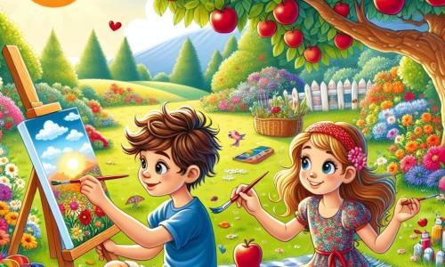 Illustration eines sonnigen Gartens, gefüllt mit bunten Blumen und einem großen Obstbaum, dessen Äste mit roten Äpfeln beladen sind. Im Vordergrund sitzt ein 11-jähriger Junge mit zerzausten braunen Haaren, der ein blaues T-Shirt und eine beige Shorts trägt, auf einer karierten Decke. Er hält einen Pinsel in einer Hand und eine Palette mit leuchtenden Farben in der anderen, konzentriert auf seine Leinwand, auf der er einen wunderschönen Sonnenuntergang malt. Neben ihm sitzt ein 10-jähriges Mädchen mit langen blonden Haaren, das ein Blumenkleid trägt, im Schneidersitz, hält einen Pinsel und lächelt, bereit, ihrem eigenen Bild den letzten Schliff zu geben. Die Atmosphäre ist fröhlich und kreativ, mit Lachen und Farbspritzern in der Luft, während Vögel in den Bäumen singen.