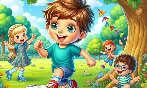 An illustration depicting a sunny park filled with lush greenery and colorful flowers. In the center, a large oak tree provides shade, while children joyfully play around. A 7-year-old boy with messy brown hair and sparkling curious eyes is enthusiastically dribbling a soccer ball. He wears a bright blue t-shirt and red sneakers, and his beaming smile shows how much fun he is having. Next to him are two friends: a 7-year-old girl with braided blonde hair in a floral dress, who is clapping and cheering for the boy, and an 8-year-old boy with glasses and brown hair, laughing as he waits for his turn to play. The scene captures the energy of an impromptu soccer match, where laughter and cheers fill the air. Colorful kites fly in the blue sky, and a picnic is set up on a blanket nearby, adding a touch of friendliness to this outdoor day.