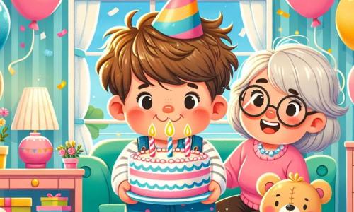 An illustration depicting a joyful birthday scene in a colorful living room. The walls are adorned with multicolored garlands, and balloons float in the air, creating a festive atmosphere. In the center, a one-year-old boy with messy brown hair and chubby cheeks smiles while holding a small birthday cake with two lit candles. He wears a blue polka-dot outfit and a little party hat. Next to him, a woman in her fifties with gray hair and glasses smiles warmly while holding a plate of cakes. She wears a pink sweater and looks very happy. A teddy bear with a party hat sits beside the boy, offering him a hug. The main scene shows the little boy blowing out the candles on his birthday cake, surrounded by laughter and joy. Colorful confetti gently falls around them, adding to the magic of this special moment.