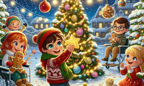 An illustration depicting a magical Christmas scene in a snowy garden, illuminated by sparkling lights hanging from a large tree adorned with colorful baubles and popcorn garlands. In the foreground, a seven-year-old boy with brown hair and sparkling eyes, wearing a red hat and green scarf, joyfully smiles while holding a large golden star, ready to place it on top of the tree. Next to him, a seven-year-old girl with braided blonde hair, dressed in a Christmas-patterned sweater, is busy decorating a small gingerbread man with colorful icing. In the background, another seven-year-old boy with brown hair and glasses sits in a wheelchair, laughing and clapping, surrounded by snowflake-shaped cookies. Snow gently falls around them, creating a warm and festive atmosphere, while a bright star twinkles in the night sky.