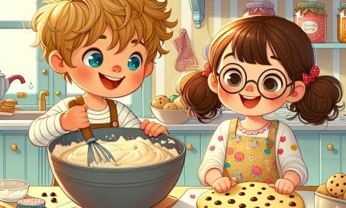 The illustration depicts a bright and warm scene in a cozy kitchen, with pastel yellow walls and shelves filled with colorful jars of jam. On the wooden table, ingredients for making cookies are scattered: a large bowl of dough, chocolate chips, and star-shaped cookie cutters. In the center of the image, a 7-year-old boy with tousled blonde hair and sparkling blue eyes is enthusiastically mixing the cookie dough. He wears an apron with small animal patterns and has a joyful smile, showing his happiness despite the sadness around him. Next to him, a 7-year-old girl with brown pigtails and round glasses watches with a big smile. She wears a colorful t-shirt and holds a heart-shaped cookie cutter, ready to use it to cut shapes from the dough. The main scene shows the two children creating cookies together, symbolizing joy and memory while evoking the memory of a loved one. In the background, a window lets in sunlight, illuminating the scene and adding a warm and comforting atmosphere. Potted flowers are visible on the windowsill, bringing a touch of color and life to the illustration.