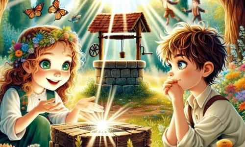 Illustration eines sonnigen Parks, gefüllt mit bunten Blumen und majestätischen Bäumen, mit einem alten Brunnen, der unter den Sonnenstrahlen funkelt. In der Mitte hockt ein 11-jähriges Mädchen mit lockigem kastanienbraunem Haar und funkelnden grünen Augen, das aufmerksam eine kleine Holzbox betrachtet, die sie gerade ausgegraben hat. Neben ihr schaut ein 11-jähriger Junge mit zerzausten blonden Haaren und einem schelmischen Lächeln fasziniert auf den Schatz, den sie entdeckt haben. Die Szene strahlt Abenteuerlust und Neugier aus, mit Schmetterlingen, die um sie herumfliegen, und Vögeln, die in den Bäumen singen. Im Hintergrund spielen fröhlich Kinder, die diesem magischen Moment Leben und Energie verleihen.