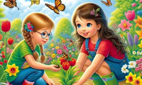 Illustration eines bunten Frühlingsgartens, gefüllt mit strahlenden Blumen wie roten Tulpen und gelben Narzissen, mit Schmetterlingen, die in der Luft umherfliegen, und einem hellblauen Himmel, der mit weißen, flauschigen Wolken übersät ist. Im Zentrum des Bildes sitzt ein 11-jähriges Mädchen mit langen, glänzenden braunen Haaren und funkelnden Augen, das ein buntes T-Shirt und Gummistiefel trägt, hockt mit den Händen im Boden und pflanzt mit einem breiten Lächeln auf dem Gesicht Samen. Neben ihr beobachtet ein anderes 11-jähriges Mädchen mit geflochtenen blonden Haaren und Brille aufmerksam eine kleine Raupe auf einem Blatt, fasziniert von der Schönheit der Natur. Die Atmosphäre ist fröhlich und lebendig, mit Vögeln, die in den Bäumen singen, und einer leichten Brise, die die Blumen tanzen lässt. Gartengeräte wie eine kleine Schaufel und ein Gießkanne sind um sie herum verstreut und verleihen dieser Frühlingsszenen einen Hauch von Realismus.