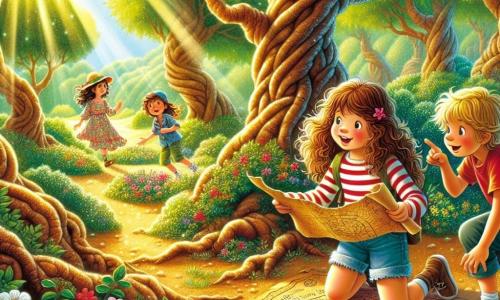 Illustration einer sonnigen Lichtung im Herzen eines magischen Waldes, umgeben von majestätischen Bäumen mit knorrigen Stämmen und leuchtend grünen Blättern. Bunte Blumen bedecken den Boden, während ein sanfter Sonnenstrahl die Szene erhellt und eine warme, einladende Atmosphäre schafft. Im Zentrum der Illustration kniet ein 9-jähriges Mädchen mit lockigem, kastanienbraunem Haar, trägt ein gestreiftes Hemd und eine Jeansshorts. Ihr Gesicht strahlt vor Aufregung, während sie eine alte Karte in den Händen hält. Ihre Augen funkeln vor Neugier und Abenteuer. Neben ihr stehen zwei Freunde: ein 10-jähriger Junge mit zerzausten blonden Haaren und einem roten T-Shirt, der die Karte mit einem neugierigen Blick betrachtet, und ein 9-jähriges Mädchen mit langen, glatten Haaren in einem Blumenkleid, das mit dem Finger auf ein geheimnisvolles Symbol auf der Karte zeigt, die Augen vor Staunen weit geöffnet. Die Hauptsituation zeigt die drei Kinder bei der Erkundung einer Schatzkarte, die sie auf ein spannendes Abenteuer führt. Im Hintergrund fliegen bunte Vögel am blauen Himmel, und ein kleiner, funkelnder Bach fügt dieser Szene von Freundschaft und Entdeckung einen Hauch von Magie hinzu.