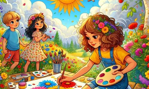 Illustration eines sonnigen Gartens, gefüllt mit bunten Blumen in leuchtenden Rot-, Gelb- und Violetttönen, unter einem großen blauen Himmel, der mit einigen flauschigen weißen Wolken übersät ist. In der Mitte ein 11-jähriges Mädchen mit lockigen, kastanienbraunen Haaren, das ein gelbes T-Shirt und eine Jeansshorts trägt. Sie hockt konzentriert und malt auf ein großes Stück Papier mit leuchtenden Farben, das die Essenz des Sommers einfängt. Neben ihr stehen zwei Freunde: ein 12-jähriger Junge mit kurzen blonden Haaren, der ein blaues T-Shirt trägt und eine Malpalette hält, und ein 11-jähriges Mädchen mit langen schwarzen Haaren in einem Blumenkleid, das bewundernd die Arbeit ihrer Freundin beobachtet. Die Szene strahlt eine fröhliche und kreative Atmosphäre aus, mit verstreuten Pinsel und Farbspritzern auf dem Boden. Vögel singen in den Bäumen und verleihen diesem magischen Sommermoment eine lebendige Note.