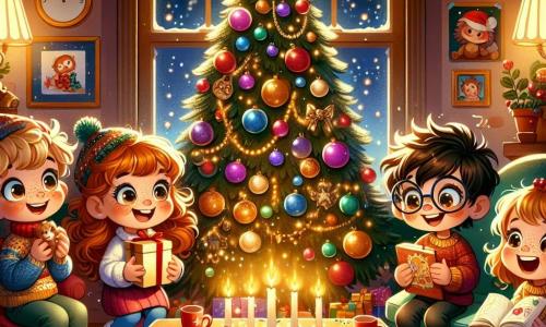 The illustration depicts a festive scene in a cozy living room decorated for New Year's. The wall is adorned with colorful garlands and twinkling lights, while a large Christmas tree sparkles with multicolored ornaments and golden stars. In the center of the room, four children gather around a wooden coffee table, their faces illuminated by the soft glow of candles. 

An 8-year-old boy with messy blond hair and sparkling eyes holds a small gift in his hands, wearing a mischievous smile. Next to him, a 7-year-old girl with curly red hair and freckles gazes at the package with wide eyes, full of excitement. Another boy, 9 years old with brown hair and round glasses, flips through a magic book, looking focused and curious. Finally, an 8-year-old girl with braided black hair and a colorful sweater writes in a journal, her face radiating joy. 

The main scene shows the children discovering a treasure of surprises for New Year's, surrounded by laughter and happiness, while colorful confetti floats in the air, adding a touch of magic to the festive atmosphere. Plates of cookies and sparkling drinks are laid out on the table, creating a friendly and joyful ambiance.