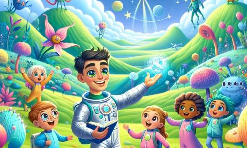 Ilustracja przedstawiająca żywą scenę na obcej planecie, gdzie zielone wzgórza rozciągają się aż po horyzont, usiane kolorowymi kwiatami i fantastycznymi stworzeniami o dziwnych kształtach. Niebo ma intensywny niebieski kolor, a na nim świecą dwa słońca i chmurki w pastelowych odcieniach. W centrum obrazu stoi mężczyzna z brązowymi włosami i błyszczącymi oczami, ubrany w srebrny skafander kosmiczny, z entuzjastycznym uśmiechem. Pokazuje dzieciom cuda tej nowej planety, wskazując na luminescencyjną roślinę, która emituje delikatne światło. Wokół niego znajduje się pięcioro dzieci w wieku około 8-10 lat, każde w kolorowym skafandrze kosmicznym. Dziewczynka z blond, kręconymi włosami skacze z radości, podczas gdy chłopiec w okrągłych okularach uważnie obserwuje małą niebieską istotę, która się zbliża. Inna dziewczynka z warkoczami robi notatki w małym zeszycie, a chłopiec z czarnymi włosami i inny z rudymi rozmawiają entuzjastycznie o odkryciach. Główna sytuacja pokazuje grupę w trakcie eksploracji, zachwyconą pięknem planety, z elementami graficznymi takimi jak migoczące gwiazdy w tle i statki kosmiczne unoszące się nad nimi, co dodaje przygody tej magicznej scenie.