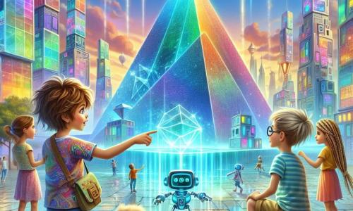 Ilustracja przedstawiająca żywą scenę w futurystycznym świecie, gdzie budynki o geometrycznych i kolorowych kształtach wznoszą się pod jasnoniebieskim niebem, usianym delikatnymi chmurami. W centrum dziewięcioletni chłopiec z rozczochranymi brązowymi włosami i błyszczącymi ciekawością oczami nosi kolorowy t-shirt i szorty. Wskazuje palcem na ogromną holograficzną piramidę, która błyszczy w blasku, z zachwyconym uśmiechem na twarzy. Obok niego stoi dziesięcioletnia dziewczynka z długimi warkoczami blond włosów i okrągłymi okularami, uważnie obserwująca małego robota, który unosi się obok nich. Ma na sobie lekką sukienkę w pastelowych kolorach i trzyma futurystyczny aparat fotograficzny, gotowa uchwycić ten niesamowity moment. Inny chłopiec, około dziewięcioletni, z kasztanowymi włosami i zielonymi oczami, klęczy i bada ślady na ziemi, wyglądając na skoncentrowanego. Scena emanuje atmosferą przygody i odkrycia, z wizualnymi elementami takimi jak latające pojazdy w tle, drzewa z błyszczącymi liśćmi i dzieci bawiące się technologicznymi gadżetami. Całość przywołuje ekscytację podróży w czasie, gdzie każdy szczegół opowiada historię ciekawości i przyjaźni.