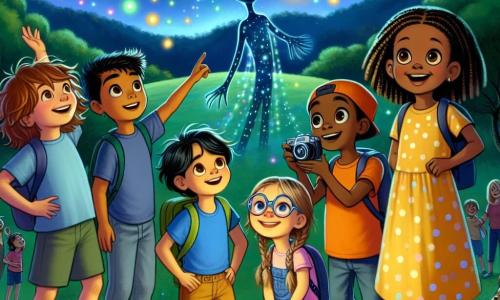 Ilustracja przedstawiająca magiczną scenę na zielonym wzgórzu, pod gwiaździstym niebem wypełnionym migoczącymi światłami. Na pierwszym planie grupa czterech dzieci: dziesięcioletni chłopiec z rozczochranymi brązowymi włosami, w niebieskiej koszulce i szortach, który z zachwytem wskazuje na niebo; dziewczynka w wieku dziesięciu lat z warkoczami, ubrana w żółtą sukienkę, trzymająca latarkę i uśmiechająca się; inny dziesięcioletni chłopiec w okularach i z kasztanowymi włosami, trzymający aparat fotograficzny, uwieczniający chwilę; oraz dziewczynka w wieku dziesięciu lat z kręconymi włosami i w koszuli w groszki, która z szeroko otwartymi oczami patrzy na niebo. W tle kolorowe światła tańczą na niebie, emitując dziwne kształty, podczas gdy obca, wysoka i szczupła sylwetka z błyszczącą skórą i dużymi oczami stoi obok nich, uśmiechając się i podnosząc przyjazną rękę. Atmosfera jest radosna i pełna ciekawości, ilustrując moment, w którym dzieci nawiązują kontakt z nowymi przyjaciółmi z innej planety.