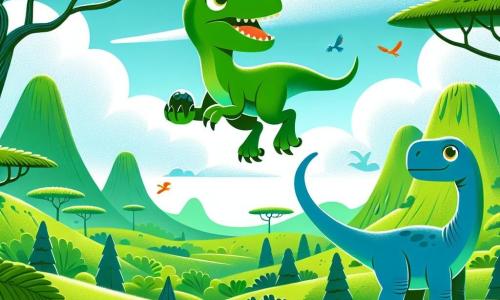 Illustratie van een uitgestrekt prehistorisch landschap, met groene heuvels en gigantische bomen met weelderige bladeren. In het midden stijgt een felgroene velociraptor met heldere ogen de lucht in, met een lange staart en scherpe klauwen, terwijl hij een glinsterende steen in zijn kleine pootjes vasthoudt. Naast hem kijkt een vriendelijke brontosaurus, met een lange nek en een blauwachtige huid, verwonderd toe, haar grote ronde ogen vol vreugde. De scène straalt een sfeer van avontuur en magie uit, met donzige wolken die in een stralend blauwe lucht drijven. Kleurrijke vogels vliegen om hen heen en voegen een vleugje leven toe aan dit prachtige moment waarop de velociraptor voor het eerst het plezier van vliegen ontdekt.