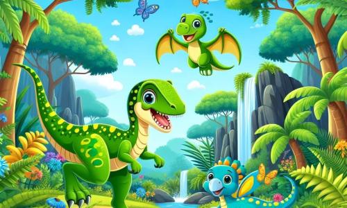 Illustratie die een levendige scène in een weelderige jungle weergeeft, waar grote groene varens en kleurrijke bloemen bloeien onder een stralende blauwe lucht. In het midden springt een velociraptor met glanzende groene schubben en kleine gele vlekken vrolijk, zijn ogen sprankelend van nieuwsgierigheid. Naast hem staat een kleine blauwe pterosaurus met een zachte uitdrukking op haar gezicht, die haar vleugels spreidt terwijl ze om zich heen kijkt, duidelijk opgewonden door het avontuur. Op de achtergrond observeert een grote triceratops met een wijze blik de scène, wat een vleugje majesteit aan de omgeving toevoegt. De hoofdactie toont de velociraptor en de pterosaurus terwijl ze de jungle verkennen, omringd door prachtige bomen met dikke stammen en een sprankelende waterval die in een klein beekje stroomt. Kleurrijke vlinders fladderen om hen heen, wat een vrolijke en magische sfeer aan dit prehistorische avontuur toevoegt.