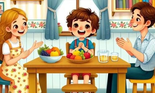 Ilustracja przedstawiająca ciepłą scenę w małej kuchni rodzinnej. Ściany pomalowane są na pastelowy żółty kolor, a drewniane półki są wypełnione książkami i kolorowymi doniczkami. Na środku znajduje się przytulny drewniany stół, nakryty kolorową zastawą i świeżymi owocami. Na pierwszym planie siedzi 7-letni chłopiec z brązowymi, kręconymi włosami, ubrany w niebieską koszulkę i czerwone szorty. Ma ręce na stole i szeroki uśmiech na twarzy, a jego oczy błyszczą z podekscytowania, gdy entuzjastycznie rozmawia z rodzicami. Obok niego siedzi kobieta w wieku około trzydziestu lat, z długimi brązowymi włosami, w kwiecistym fartuchu, która uważnie słucha. Ma łagodny i zachęcający wyraz twarzy, trzymając w jednej ręce drewnianą łyżkę. Naprzeciwko nich siedzi mężczyzna w wieku około trzydziestu lat, z krótkimi włosami i lekką brodą, uśmiechający się i kiwający głową, co pokazuje, że zgadza się z tym, co mówi chłopiec. Główna sytuacja pokazuje chłopca dzielącego się swoimi pomysłami na temat komunikacji w rodzinie, podczas gdy rodzice uważnie go słuchają, tworząc atmosferę zrozumienia i miłości. Dodatkowe elementy graficzne to rysunki serc unoszących się wokół nich, symbolizujące miłość rodzinną, oraz kolorowe dymki dialogowe ilustrujące ich radosne wymiany.