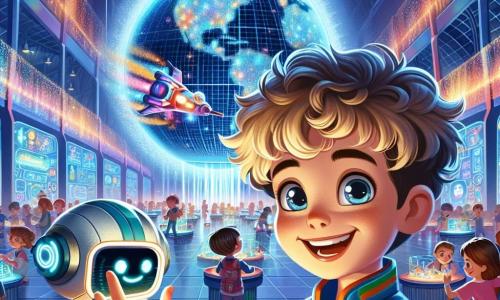 Illustratie van een uitgestrekte futuristische hal van een pretpark, gevuld met felle kleuren en fonkelende lichten. In het midden straalt een grote hologram in de vorm van een globe intens, terwijl het beelden van fantastische werelden projecteert. Een 7-jarig jongetje met krullend blond haar draagt een kleurrijke pilotenoutfit en heeft een grote glimlach op zijn gezicht. Hij raakt het hologram aan met verwondering, zijn ogen sprankelend van nieuwsgierigheid. Naast hem staat een vriendelijke robot met een zilveren lichaam en heldere ogen, klaar om hem te begeleiden in zijn avonturen. Op de achtergrond zijn andere kinderen van verschillende leeftijden en achtergronden druk bezig rond tafels vol gadgets en technologie, terwijl ze robots bouwen en met drones spelen. De sfeer is vrolijk en dynamisch, gevuld met lachen en opwinding, wat een moment van ontdekking en vriendschap in een futuristische wereld illustreert.