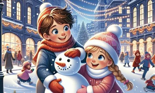 An illustration depicting a magical Christmas scene in a brightly lit city. The night is gentle, with snowflakes slowly falling, covering the ground in a white blanket. The streets are lined with twinkling streetlamps and shop windows adorned with festive lights. In the center, a 7-year-old boy with tousled brown hair and a bright smile is rolling a large snowman. He wears a vibrant red scarf and a blue coat. Next to him, a 6-year-old girl with braided blonde hair and rosy cheeks is laughing joyfully. She is dressed in a pink coat and a pom-pom hat. The snowman they are building has a carrot nose, coal eyes, and a wool scarf. The children look amazed and full of joy, sharing a moment of friendship and magic. In the background, families are strolling, children are skating on an ice rink, and decorated Christmas trees enhance the festive atmosphere.