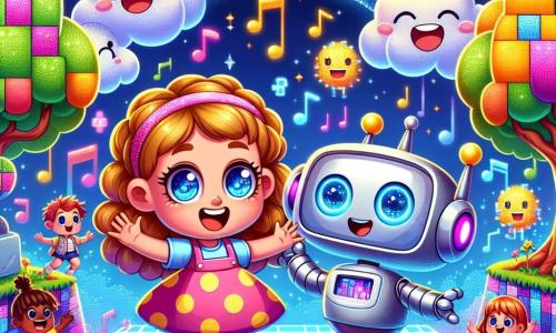 An illustration depicting a colorful and vibrant digital landscape filled with pixelated trees with multicolored leaves, smiley-shaped clouds, and sparkling rivers of music. In the center, a 7-year-old girl with sparkling blue eyes and curly golden hair, dressed in a pink polka-dot dress, is joyfully laughing while playing with a friendly silver-skinned robot that has large round eyes and a bright smile. Next to them, another girl about 7 years old, with smooth brown hair in a braid, wearing a yellow t-shirt and blue shorts, watches them with an amazed smile, ready to join their adventure. The main scene shows the two girls exploring this magical world together, surrounded by games and activities, symbolizing the balance between screen fun and outdoor play happiness. In the background, children are playing interactive games and fantastic creatures are dancing, creating a joyful and dynamic atmosphere.