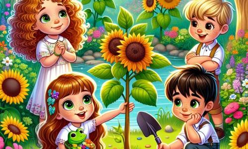 An illustration depicts a magical garden filled with colorful flowers, tall sunflowers swaying gently in the breeze, and a small pond where frogs sing. In the center stands a newly planted young tree, symbolizing memory and love. Four children are present: a 7-year-old girl with curly golden hair, gazing at the tree with bright eyes and a slight smile while holding a small shovel; next to her, a playful 7-year-old boy with brown hair and freckles laughs joyfully while holding a colorful stone; another boy, 7 years old with black hair and glasses, observes thoughtfully with his arms crossed, as if pondering something deep; finally, a 7-year-old girl with brown hair and bangs animatedly tells a story, gesturing with her hands. The scene captures a moment of sharing and comfort, as the children celebrate the memory of a loved one by planting a tree, surrounded by laughter and memories. Colorful butterflies flutter around them, adding a touch of magic to this tender and moving moment.