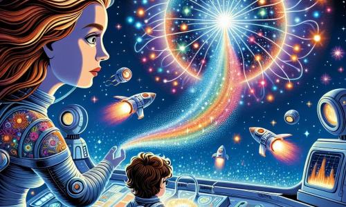 Ilustracja przedstawiająca fascynującą scenę w kosmosie, gdzie futurystyczny statek kosmiczny o eleganckich i błyszczących liniach unosi się pośród oceanu migoczących gwiazd. W tle tajemnicza świetlista kula pulsująca żywymi kolorami jak tęcza emituje błyski światła, które oświetlają ciemność kosmosu. Główną postacią jest kobieta z długimi brązowymi włosami unoszącymi się w nieważkości, ubrana w srebrny skafander zdobiony kolorowymi wzorami. Jest skoncentrowana, z szeroko otwartymi oczami pełnymi zachwytu, manipulując przyciskami na futurystycznym panelu sterującym otoczona ekranami wyświetlającymi błyszczące dane. Obok niej znajduje się postać drugoplanowa, młody chłopiec w wieku około dziesięciu lat, z kręconymi włosami i okrągłymi okularami, który z fascynacją obserwuje. Ma na sobie podobny skafander, ale niebieski, i trzyma małe urządzenie pomiarowe, gotowy uchwycić tajemnice wszechświata. Główna sytuacja pokazuje kobietę i chłopca badających tajemniczą świetlistą kulę, zafascynowanych jej energią. Z kuli emanują błyski światła, tworząc magiczną i intrygującą atmosferę. Spadające gwiazdy przecinają niebo, dodając dynamizmu tej scenie przygody kosmicznej.