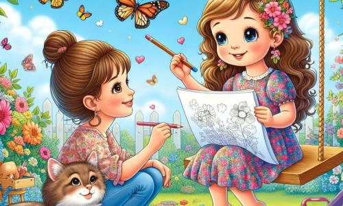 Ilustracja przedstawiająca kolorowy ogród, wypełniony jaskrawymi kwiatami i motylami fruwającymi pod jasnoniebieskim niebem. W centrum siedzi 7-letnia dziewczynka z długimi brązowymi włosami i błyszczącymi oczami na huśtawce z drewna. Ma na sobie kwiecistą sukienkę i trzyma kredkę oraz kartkę papieru, skupiona na rysunku. W pobliżu znajduje się kobieta w wieku około trzydziestu lat, z brązowymi włosami związanymi w kok i łagodnym uśmiechem, która z czułością obserwuje dziewczynkę, mając ręce na biodrach. Scena emanuje radosną, ale i melancholijną atmosferą, ilustrując moment, w którym dziewczynka wyraża swoje emocje poprzez rysunek, podczas gdy jej matka, mimo uśmiechu, ukazuje lekką smutek w spojrzeniu. Rozrzucone wokół zabawki i kot o jedwabistym futrze, leżący na trawie, dodają życia tej spokojnej scenie.