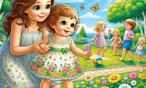 Illustrazione che rappresenta un parco in estate, baciato dalla luce dorata del sole. Gli alberi sono verdi e pieni di foglie, e fiori colorati, gialli e rosa, punteggiano il terreno. Al centro, una bambina di 1 anno, con grandi occhi brillanti e capelli ricci, sorride toccando delicatamente i fiori. Indossa un vestitino leggero a fiori e sandali. Accanto a lei, sua mamma, una donna di circa trent'anni, con lunghi capelli castani, sorridente, osserva la figlia con tenerezza. Sullo sfondo, alcuni bambini di circa 5 anni giocano a lanciare una palla, ridendo e correndo felicemente. La scena trasmette un'atmosfera di felicità e calore estivo, con farfalle che svolazzano intorno ai fiori e un cielo blu punteggiato di nuvole bianche.