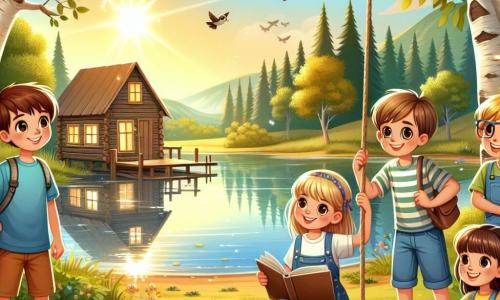 Eine Illustration zeigt eine wunderschöne Lichtung am Ufer eines glitzernden Sees, umgeben von großen Bäumen mit grünen und goldenen Blättern, auf denen sich die Sonne im ruhigen Wasser spiegelt. Im Zentrum der Szene steht eine Gruppe von vier Kindern: ein 12-jähriger Junge mit zerzausten braunen Haaren, der ein blaues T-Shirt und Shorts trägt und mit einer Wasserflasche lächelt. Neben ihm ein 11-jähriges Mädchen mit langen blonden Haaren, das ein buntes Kleid trägt und auf eine alte Holzhütte am anderen Ende des Sees zeigt. Ein weiterer 12-jähriger Junge mit Brille und kastanienbraunen Haaren sitzt auf einer Holzschaukel und schaut staunend zum Himmel. Schließlich ein 10-jähriges Mädchen mit Zöpfen und einem gestreiften T-Shirt, das ein offenes Buch hält und deren Augen vor Aufregung strahlen. Die Szene strahlt eine fröhliche und abenteuerliche Atmosphäre aus, mit Vögeln, die am blauen Himmel fliegen, und bunten Blumen, die verstreut sind und den Geist des Sommers und der Freundschaft symbolisieren.