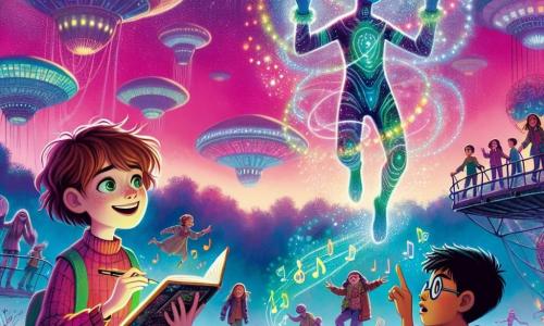 An illustration depicts a vibrant and colorful scene on the planet Zara, where floating buildings shimmer under a magenta sky, illuminated by dancing auroras. In the foreground, an eleven-year-old girl with messy brown hair and sparkling green eyes smiles in wonder, holding a sketchbook in her hands. Next to her, a boy of the same age with black hair and round glasses attentively observes a colorful hologram projected by a joyful alien creature with bright eyes and shimmering skin. The scene exudes an atmosphere of curiosity and friendship, with musical notes floating in the air and luminescent flowers around them. In the background, other children of various backgrounds interact with Orinthians, sharing laughter and discoveries, creating a sense of unity and wonder in this fantastical environment.