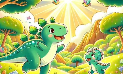 Illustratie van een uitgestrekte groene vallei, badend in gouden licht, met majestueuze bomen met stralende bladeren en kleurrijke bloemen die dansen in de wind. In het midden staat een grote stegosaurus met glinsterende groene en blauwe platen op zijn rug, vrolijk met zijn hoofd naar de lucht geheven. Naast hem springt een kleine triceratops, met delicate hoorns en een lichtbruine vacht, van blijdschap, zijn ogen sprankelend van opwinding. Samen verkennen ze hun nieuwe omgeving, ontdekken glanzende kristallen die uit de grond oprijzen, terwijl kleurrijke vogels boven hen vliegen. De sfeer is gevuld met geluk en avontuur, met zonnestralen die door de bomen filteren en dansende schaduwen op de grond creëren.