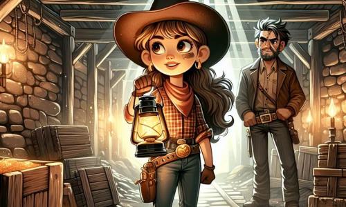 Illustrazione che rappresenta una scena in una miniera abbandonata, con muri in pietra grezza e travi in legno invecchiato, illuminata da fasci di luce che filtrano attraverso le crepe. Al centro, una giovane cow-girl di circa dieci anni, con capelli castani ondulati, indossa un cappello da cowboy e una camicia a quadri, con uno sguardo determinato, tiene una lampada a olio in una mano e un piccolo pepita d'oro nell'altra. Accanto a lei, un uomo di mezza età, con una cicatrice sul viso e vestito con una giacca di pelle, osserva con ammirazione, gli occhi brillanti di eccitazione. La scena principale mostra la scoperta di un tesoro nascosto, con attrezzi arrugginiti e casse di legno sparse intorno, mentre una leggera nube di polvere fluttua nell'aria, aggiungendo un'atmosfera di avventura e mistero.