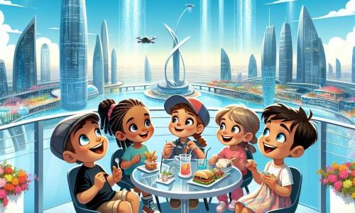 Illustratie van een café dat boven een futuristische stad zweeft, met glinsterende glazen gebouwen en hangende tuinen. De lucht is helderblauw, bezaaid met drones die pakketten bezorgen en vliegende voertuigen die soepel glijden. In het midden van de afbeelding zitten vier kinderen aan een glazen tafel op een hangend terras. Een achtjarige jongen met rommelig bruin haar en een stralende glimlach kijkt verwonderd naar het landschap. Naast hem wijst een achtjarig meisje met gevlochten blond haar en kleurrijke brillen naar een passerende drone. Een andere jongen van negen jaar met zwart haar en een pet neemt een hap van zijn sandwich, terwijl een zevenjarig meisje met krullend haar en een kleurrijke jurk lacht terwijl ze naar haar vrienden luistert. De scène toont de kinderen die een vrolijk moment delen, omringd door de levendige energie van de stad. Fonkelende lichten stralen van de gebouwen en kleurrijke bloemen versieren het terras. Op de achtergrond spuit een grote interactieve fontein waterstralen de lucht in, wat een magische sfeer toevoegt.