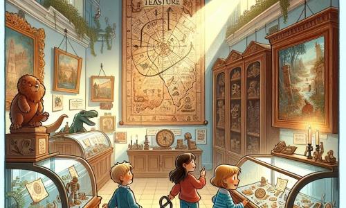 Ilustracja przedstawiająca salę starego muzeum, z ścianami ozdobionymi kolorowymi obrazami i witrynami wypełnionymi starożytnymi artefaktami. Na środku wisi duża mapa skarbów, z strzałkami i tajemniczymi symbolami. Obecne są cztery dzieci: dziewczynka z brązowymi włosami, w wieku około 8 lat, w kolorowej sukience i okularach, która z zachwytem patrzy na mapę; chłopiec z blond włosami, również 8-letni, w koszulce w paski, trzymający stary klucz i z szerokim uśmiechem; druga dziewczynka z kasztanowymi włosami, w kapeluszu detektywa, wskazująca na starą pluszową zabawkę dinozaura; oraz chłopiec z czarnymi włosami, przeszukujący starą szafę, z skoncentrowanym wyrazem twarzy. Scena ukazuje dzieci w trakcie eksploracji, otoczone starożytnymi przedmiotami, z atmosferą przygody i tajemnicy. Promienie światła filtrują się przez okna, oświetlając kurz w powietrzu, podczas gdy w tle znajduje się plastikowy dinozaur, dodający ilustracji zabawnego akcentu.
