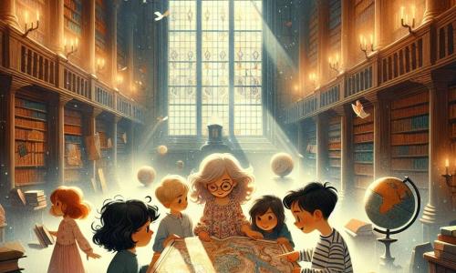 Ilustracja przedstawiająca scenę w magicznej bibliotece, z dużymi drewnianymi półkami wypełnionymi starymi książkami o kolorowych okładkach. Miękkie światło wpada przez duże okna, oświetlając kurz w powietrzu i tworząc tajemniczą atmosferę. W centrum obrazu czterech dzieci zebrało się wokół starej mapy. Jest dziewczynka w wieku około 10 lat, z brązowymi, kręconymi włosami, w kwiecistej sukience i okrągłych okularach, która z ciekawością bada mapę. Obok niej stoi chłopiec w wieku 11 lat, z rozczochranymi blond włosami i w paskowanym t-shircie, który z entuzjazmem wskazuje miejsce na mapie. Inna dziewczynka, w wieku około 9 lat, z gładkimi, czarnymi włosami, w bluzie z kapturem, patrzy na mapę z zamyśleniem. Na końcu chłopiec w wieku 10 lat, w okularach i z figlarnym uśmiechem, trzyma w drugiej ręce otwartą starą książkę. Główna sytuacja przedstawia dzieci w trakcie badania, odkrywających mapę skarbów, która prowadzi ich do przygody. Dodatkowe elementy graficzne to stary, zakurzony globus w rogu, książki rozsypane na stole oraz atmosfera tajemnicy z miękkimi cieniami i błyskami światła.