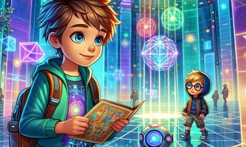 Ilustracja przedstawiająca żywą scenę wewnątrz Kryształowej Wieży, futurystycznego budynku z lśniącymi szklanymi ścianami, odbijającymi kolorowe światła tańczące na powierzchniach. Sufit jest wysoki, ozdobiony unoszącymi się hologramami przedstawiającymi zaawansowane technologie, podczas gdy świetlne panele wyświetlają geometryczne wzory na podłodze. W centrum sceny stoi 9-letni chłopiec z rozczochranymi brązowymi włosami i błyszczącymi z ciekawości oczami, przed dużym komputerem holograficznym. Ma na sobie t-shirt z futurystycznymi wzorami i szorty, trzymając w ręku starą mapę, zdeterminowany i zachwycony. Obok niego stoi inny 9-letni chłopiec w okrągłych okularach i blond włosach, uważnie obserwujący ekran, z szeroko otwartymi oczami pełnymi fascynacji. Ma na sobie bluzę z kapturem i spodnie cargo, trzymając pod pachą małego, wyłączonego robota. Główna sytuacja pokazuje obu chłopców odkrywających tajemnice Kryształowej Wieży, z hologramami map i tajemniczymi symbolami unoszącymi się wokół nich, podczas gdy delikatne światło oświetla pokój, tworząc magiczną i intrygującą atmosferę. Dodatkowe elementy graficzne to futurystyczne gadżety rozrzucone po stołach, drony unoszące się w powietrzu i ściany ozdobione technologicznymi wzorami.