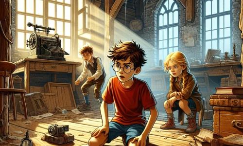 Ilustracja przedstawiająca scenę w starej, opuszczonej willi, z podniszczonymi drewnianymi ścianami i pajęczynami w rogach. Słońce przebija się przez zakurzone okna, tworząc tajemnicze cienie na drewnianej podłodze. W centrum obrazu, 11-letni chłopiec z rozczochranymi brązowymi włosami i okrągłymi okularami klęczy, trzymając w rękach stary dziennik. Ma na sobie czerwoną koszulkę i niebieskie szorty, a jego wyraz twarzy jest jednocześnie ciekawski i zdeterminowany. Obok niego dwóch przyjaciół: dziewczynka z plecionymi blond włosami, mająca około 10 lat, która z zachwytem przygląda się starym przedmiotom wokół nich, oraz chłopiec z kasztanowymi włosami, nieco wyższy, który uważnie obserwuje starą maszynę na stole. Scena emanuje atmosferą przygody i tajemnicy, z papierami rozsypanymi na stole i starą mapą częściowo widoczną, sugerującą poszukiwanie ukrytych sekretów.