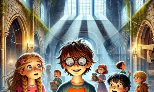 Ilustracja przedstawiająca wielką tajemniczą halę wewnątrz starego zamku. Kamienne ściany pokryte są bluszczem, a z wytwornych sufitów zwisają pajęczyny. Duże okna wpuszczają promienie światła, które oświetlają kurz w powietrzu, tworząc magiczną i intrygującą atmosferę. Na środku sceny stoi dziesięcioletni chłopiec z rozczochranymi brązowymi włosami, noszący okrągłe okulary i kolorowy t-shirt. Trzyma w rękach starą mapę, a jego twarz promienieje ekscytacją i ciekawością. Obok niego dziewczynka w tym samym wieku, z długimi warkoczami blond włosów, ma na sobie sukienkę w kropki i uważnie przygląda się starej drewnianej skrzynce, którą właśnie odkryła. Ma zachwycony uśmiech. Za nimi inny dziesięcioletni chłopiec z czarnymi włosami i okularami ochronnymi na czole bada dziwne metalowe urządzenie, podczas gdy dziewczynka w wieku dziewięciu lat z brązowymi kręconymi włosami trzyma latarkę, oświetlając ciemne zakamarki hali. Główna sytuacja ukazuje tych młodych poszukiwaczy przygód w trakcie eksploracji, odkrywających zapomniane skarby i sekrety przeszłości, otoczonych starymi książkami, antycznymi monetami i tajemnicami do rozwiązania. Cienie tańczą na ścianach, dodając odrobinę przygody i napięcia do tej fascynującej sceny.