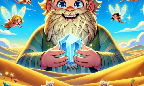 An illustration depicting a vast mystical desert, where golden dunes stretch as far as the eye can see, dotted with colorful flowers dancing in the breeze. In the center stands a benevolent giant with sparkling blue eyes and wavy sand-colored hair, holding a magnificent shimmering stone in his large hands. Beside him, a group of small winged creatures, sprites with translucent and iridescent wings, joyfully flit around him, their faces radiating happiness. The scene captures the giant smiling, ready to share the magic of the stone with his friends, while bursts of light emanate from the stone, illuminating the surrounding landscape. In the background, a deep blue sky is dotted with fluffy white clouds, adding a dreamlike touch to this enchanted scene.