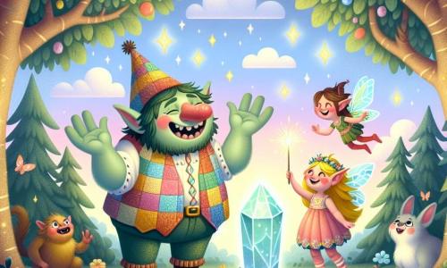 An illustration depicting a magical scene in an enchanted forest, where trees with shimmering leaves rise towards a pastel sky dotted with fluffy clouds. In the center, a jovial troll with green skin, a round belly, and a cherry-red nose stands before a glowing crystal that emits a soft light. He wears a colorful patchwork vest and an oversized hat, smiling in wonder with his hands outstretched towards the crystal. Beside him, a small fairy with iridescent wings, around ten years old, with golden hair and a dress made of flower petals, joyfully flies while waving a sparkling wand. Together, they stand before the magical crystal, which glows faintly, symbolizing hope and the magic to be restored. Colorful flowers and curious fantasy creatures, like rabbits with bright eyes and birds with shimmering feathers, surround the scene, adding a touch of life and enchantment to this magical adventure.