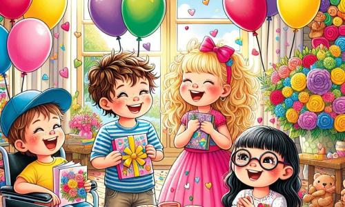 An illustration depicting a joyful scene in a living room decorated for Mother's Day. The place is filled with bright colors: multicolored balloons float from the ceiling, paper flower garlands adorn the walls, and a large table is covered with delicious heart-shaped cookies. In the center of the scene, four children are gathered: an 8-year-old boy wearing a blue cap with messy brown hair, smiling while holding a colorful card. Next to him, a 7-year-old girl with curly golden hair, dressed in a pink dress, bursts into laughter while holding a bouquet of vibrant flowers. Another 6-year-old boy, wearing glasses and a striped t-shirt, gazes in wonder at a small silver locket in his hands. Finally, a 9-year-old boy in a wheelchair, with a big smile and black hair, watches his friends with pride, surrounded by treats and gifts. The main situation shows the children preparing a surprise for their moms, filled with excitement and happiness, while soft sunlight filters through the window, creating a warm and festive atmosphere. Laughter and sweet words float in the air, as the smell of freshly baked cookies fills the room.