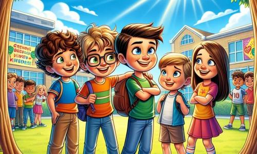 The illustration depicts a lively schoolyard surrounded by tall trees with green leaves and a bright blue sky. In the center, a group of four children is gathered: a 10-year-old boy with curly hair and sparkling eyes, smiling and holding a soccer ball; a 9-year-old boy with brown hair and glasses, showing a shy yet determined expression, standing close to his friend; a 10-year-old girl with long, smooth hair, wearing a colorful t-shirt, encouraging others with a big smile; and another 11-year-old boy with short hair and a laid-back attitude, looking hesitant to join the group. The scene captures the moment when the group of friends stands up for a new student against older kids who are teasing them. The children's faces express solidarity and courage, while the older kids in the background show mocking expressions but begin to display signs of surprise. Colorful posters on the school walls convey messages of kindness, and games are scattered around, creating a dynamic and energetic atmosphere.