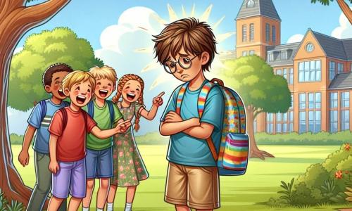 An illustration depicting a sunny schoolyard with lush trees and a large school building in the background. In the center, a 7-year-old boy with messy brown hair and round glasses stands slightly apart, looking sad and worried. He wears a blue t-shirt and beige shorts, holding a colorful backpack on his shoulder. Nearby, a group of three children, two boys and a girl, all around 8 years old, are laughing and pointing at the boy. One boy has blonde hair and wears a red t-shirt, while the girl, with braided brown hair, wears a floral dress. The main situation shows the boy feeling isolated and uncomfortable while the other children are having fun, illustrating the theme of bullying. In the background, a majestic tree, symbolizing strength and resilience, adds a touch of hope to the scene.