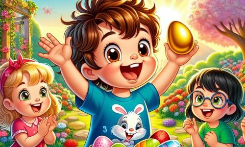 An illustration depicting a sunny garden filled with colorful flowers with bright red, yellow, and purple petals. In the center, a 5-year-old boy with messy brown hair and a big smile is wearing a blue t-shirt featuring a cheerful rabbit. He is jumping for joy, holding a shiny golden egg in his hands, his eyes sparkling with excitement. Around him are three friends: a 5-year-old girl with blonde pigtails in a pink dress, clapping enthusiastically; a 5-year-old boy with brown hair in a green t-shirt, raising his arms in victory; and another 5-year-old girl with black hair and glasses, smiling while holding a basket full of colorful eggs. The scene captures the moment the boy found the golden egg, surrounded by laughter and joy, with colorful butterflies flying around and a majestic tree in the background, its branches heavy with white flowers. The sky is a bright blue with a few fluffy clouds, creating a festive and magical atmosphere.