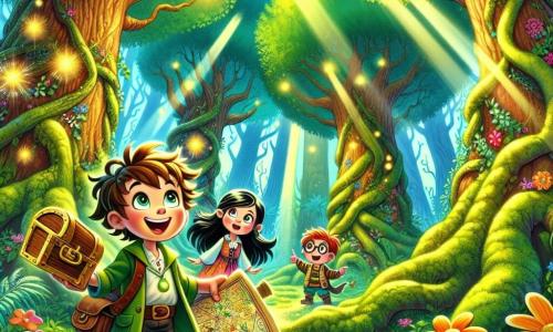 An illustration depicting a magical scene in an enchanted forest, where tall, gnarled trees rise towards the sky, their bright green leaves filtering sunlight and creating patterns of shadow and light on the moss-covered ground. In the center of this scene, a 9-year-old boy with messy brown hair and sparkling curious eyes holds a treasure map in one hand and a small wooden chest in the other, displaying a big smile of excitement. Beside him are two friends: a 9-year-old girl with long black hair in a colorful dress, gazing at the map in wonder, and a 9-year-old boy with red hair and glasses, pointing at a direction on the map with a determined look. They are surrounded by colorful flowers and curious small animals, while a golden light illuminates their faces, symbolizing adventure and friendship.