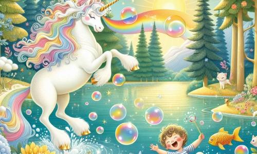 Ilustración que representa un hermoso lago de aguas cristalinas, rodeado de grandes árboles con hojas brillantes como estrellas y flores coloridas que bailan al viento. A la orilla del lago, una majestuosa unicornio se encuentra, con un pelaje blanco brillante y una melena con reflejos de arcoíris, divirtiéndose haciendo burbujas gigantes que flotan en el aire, su mirada llena de alegría. Junto a ella, un niño pequeño de aproximadamente 6 años, con cabello rizado y una camiseta a rayas, ríe a carcajadas mientras intenta atrapar una burbuja que se escapa. La escena irradia una atmósfera de magia y felicidad, con peces coloridos saltando fuera del agua y risas resonando en el aire. Rayos de sol dorados iluminan el paisaje, creando un ambiente cálido y alegre.