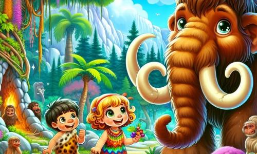 Illustratie die een levendige scène in een prehistorische jungle weergeeft, waar gigantische bomen met dikke stammen en weelderig loof een magische sfeer creëren. In het midden nadert een 7-jarig meisje met grote, glanzende ogen en krullend haar, gekleed in een kleurrijke jurk, verwonderd een mammoth met lange, zachte haren, haar gezicht verlicht door vreugde. Naast haar staat een 7-jarig jongetje met kort haar en een ondeugende glimlach, dat gefascineerd naar de mammoth kijkt, terwijl hij een kleine handvol kleurrijke bessen vasthoudt die hij net heeft geplukt. Op de achtergrond laat een Neanderthaler, een robuuste man van rond de dertig met een grote baard en dierenhuiden, de kinderen zien hoe ze vuur kunnen maken, zijn ogen sprankelend van vriendelijkheid. De sfeer is gevuld met levendige kleuren en exotische details, met stralende bloemen en prehistorische dieren die door de jungle bewegen, wat een avontuurlijke en ontdekkende scène creëert.