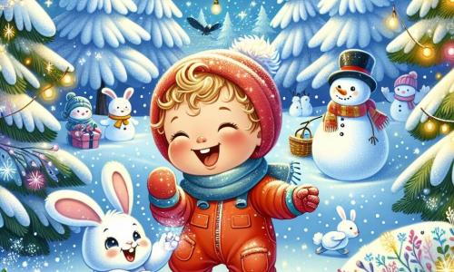 An illustration depicting an enchanted winter forest, where majestic trees are covered in sparkling snow. Snowflakes gently fall from the starry sky, illuminating the scene with a magical glow. In the center, a one-year-old boy with rosy cheeks and curly blonde hair joyfully laughs while playing in the snow. He wears a bright red snowsuit with rubber boots and gloves, happily picking up snowflakes with his little hands. Beside him is an adorable white rabbit with big ears and sparkling eyes, seemingly inviting him to follow on this adventure. A smiling snowman, wearing a black hat and a colorful scarf, stands in the background, ready to welcome the boy and his friend. The scene exudes an atmosphere of joy and Christmas magic, with twinkling stars and fairy lights enhancing the beauty of this enchanting moment.