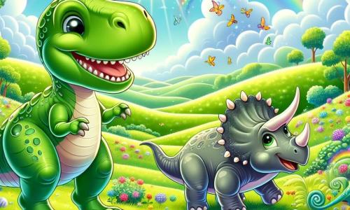 Illustratie van een uitgestrekte groene vallei, baad in stralend zonlicht, met zachte heuvels en kleurrijke bloemen die in de wind dansen. Op de voorgrond staat een grote Tyrannosaurus Rex met een vriendelijke glimlach, met een groene huid en glanzende schubben, vrolijk met zijn kleine armen omhoog alsof hij danst. Naast hem staat een Triceratops met majestueuze hoorns en een grijze huid, met een speelse blik, klaar om van blijdschap te springen. Magische bloemen in levendige kleuren met lachende gezichten zweven om hen heen en voegen een vleugje magie toe aan de scène. Samen genieten ze van een moment van gedeeld geluk, omringd door de schoonheid van de natuur, onder een blauwe lucht met donzige witte wolken.