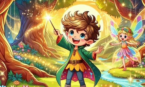Ilustración que representa una escena vibrante en la Selva Encantada, un lugar mágico donde los majestuosos árboles se elevan hacia el cielo, sus hojas brillando en mil colores bajo un sol dorado. El suelo está cubierto de flores multicolores que bailan al ritmo del viento, mientras arroyos cristalinos serpentean entre las raíces de los árboles. En el centro de esta escena, un joven mago de siete años se sostiene con gran energía. Tiene el cabello despeinado, casi vivo, y lleva una capa brillante de colores vivos. Su rostro está iluminado por una sonrisa alegre y empuña una varita mágica, rodeado de círculos de luz centelleante. A su lado, una pequeña hada con alas brillantes revolotea a su alrededor. Tiene el cabello dorado y viste un vestido hecho de pétalos de flores. Su rostro irradia picardía mientras lanza destellos de polvo mágico al aire, sumando a la atmósfera festiva. La situación principal muestra al joven mago haciendo bailar ranas coloridas que saltan alegremente al ritmo de una música contagiosa. Las ranas, con patrones vibrantes en su piel, parecen divertirse tanto como el mago y el hada, creando un ambiente de fiesta y magia. En el fondo, criaturas del bosque, como ardillas y pájaros, observan la escena con curiosidad, añadiendo un toque de vida y animación a esta ilustración encantada.