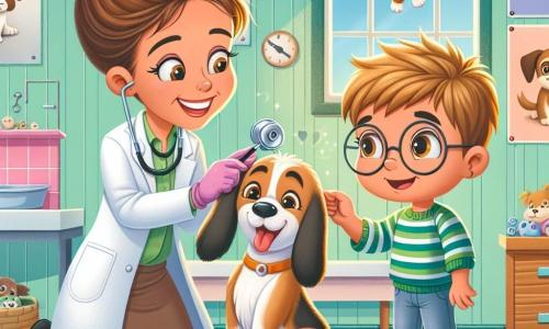 Illustrazione che rappresenta una clinica veterinaria luminosa e accogliente, con pareti dipinte di verde pastello e poster di animali sorridenti appesi. Al centro, una veterinaria di circa trent'anni, con capelli castani raccolti in un chignon e un stetoscopio al collo, sorride calorosamente mentre esamina un cucciolo dalle grandi orecchie, che sembra curioso e gioioso. Accanto a lei, un ragazzo di circa 8 anni, con capelli biondi arruffati e occhiali, osserva attentamente, con gli occhi brillanti di eccitazione, tenendo un piccolo strumento per aiutare a controllare le orecchie del cucciolo. La scena mostra la veterinaria mentre rassicura il cucciolo, mentre il ragazzo, con un sorriso meravigliato, impara a prendersi cura degli animali. Giocattoli per animali sono sparsi sul pavimento e una finestra lascia entrare la luce del sole, aggiungendo un'atmosfera calda e amichevole all'insieme.